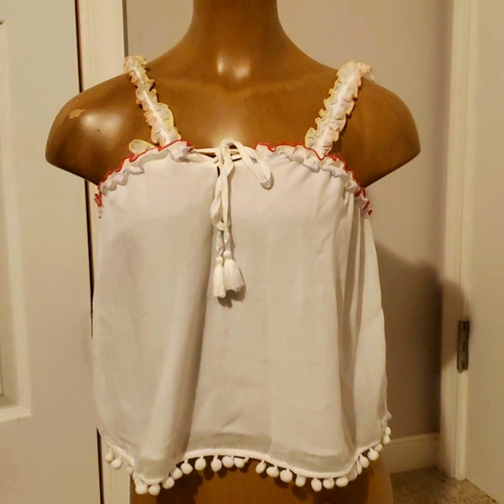 Red Carter Womens Ivory Pom Pom  Crop Cami Tank Top Shirt NWT small